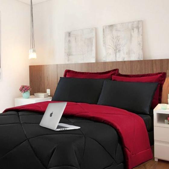 Kit 6 pçs Colcha Casal Queen Dupla Face Preto e Vermelho Cotex Menor preço em Kit 6 pçs Colcha Casal Queen Dupla Face Preto e Vermelho Cotex