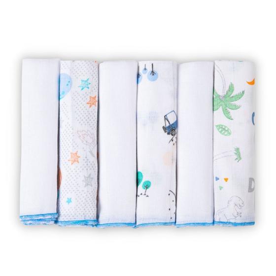 Imagem de Kit 6 pçs Pano de Boca Bebe Toalhinha Soft Fraldinha Babete 100 Algodão Menino 40x40cm Azul Karinho Cha de Bebe Cha Fralda Enxoval Saida de Maternida