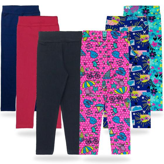 Imagem de KIT 6 PEÇAS Calças Legging Infantil em Cotton com 3 Estampadas e 3 Lisas Feminina