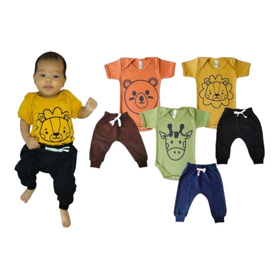 Imagem de Kit 6 Peças - Conjunto Bebê 3 Body Safari Minimalista + 3 Calça Saruel Algosdão