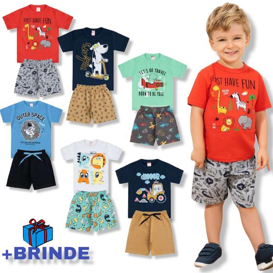 Imagem de Kit 6 Peças Infantil Masculino Menino Verão 3 camisetas +3 shorts