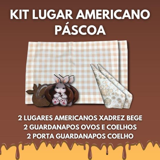 Imagem de Kit 6 Peças Mesa Posta Lugar americano+porta+guardanapo - Xadrez bege