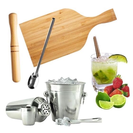 Kit 6 peças para caipirinha drinks bartender bambu e inox Menor preço em Kit 6 peças para caipirinha drinks bartender bambu e inox