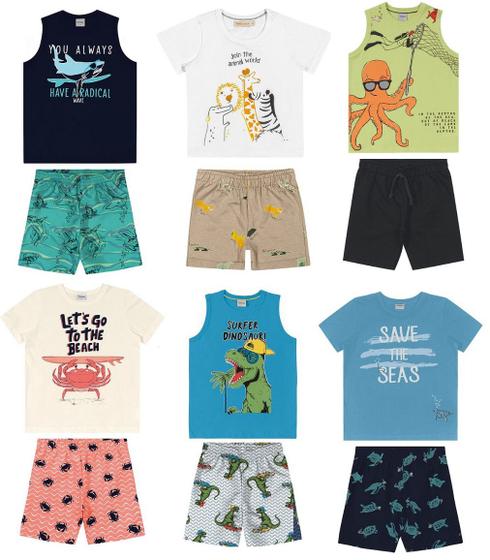 Imagem de Kit 6 Peças Roupa Infantil Masculina 3 Camisas + 3 Bermuda