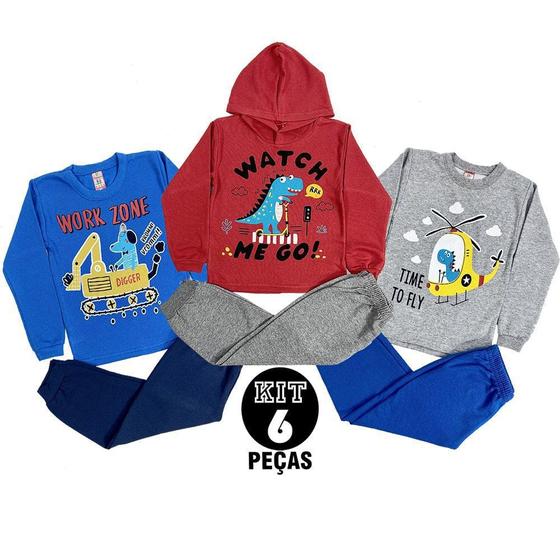 Imagem de Kit 6 peças Roupa Inverno Conjunto Menino Blusas 1 Com Capuz e 2 Sem Capuz + 3 Calças Moletom