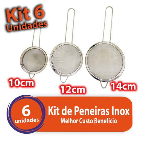 Imagem de Kit 6 Peneiras Aço Inox Luxo P M G Utensílios De Cozinha 10cm, 12cm e 14cm