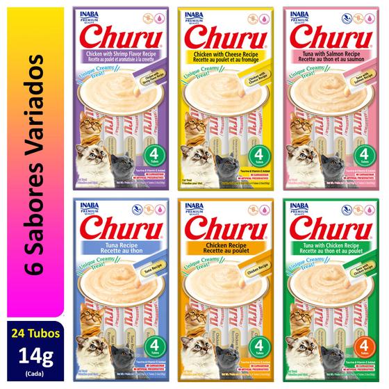 Imagem de Kit 6 Petiscos Churu Gatos 24 Tubos Sabores Variados 