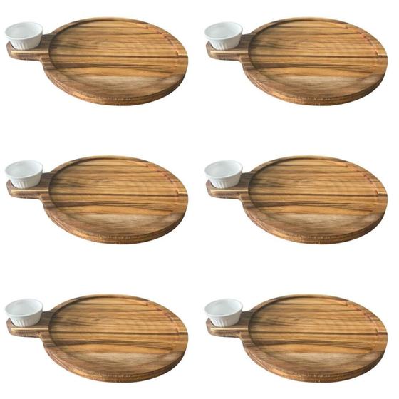 Imagem de Kit 6 Petisqueira Teca 23cm Servir com Cabo e Ramekin 30ml Tábua Aperitivo Queijos