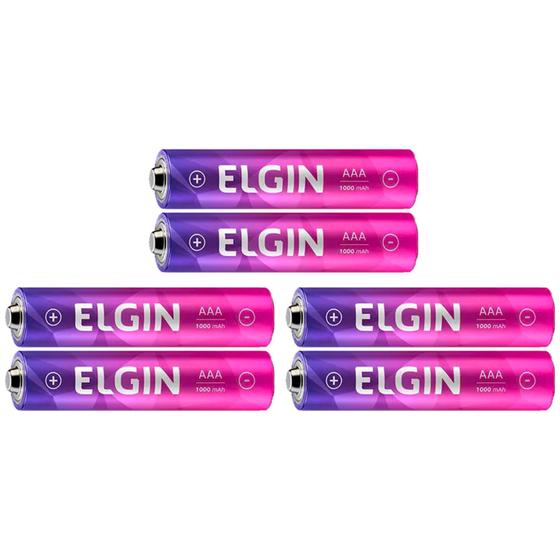 Imagem de Kit 6 Pilha Recarregável Elgin AAA 1000mAh Palito Cilíndrica P/ Brinquedo Controle Remoto Lanterna Microfone Sem Fio