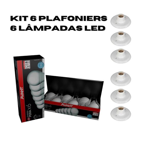 Imagem de Kit 6 Plafonier Redondo E-27 + 6 Lâmpadas Bulbo Led 9w Branco Frio Bivolt