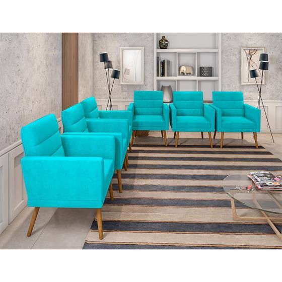 Imagem de Kit 6 Poltronas Decorativas Escritório Sala Recepção Larah Suede Azul Turquesa