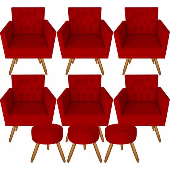 Imagem de Kit 6 Poltronas Decorativas Lara Capitonê E 3 Puffs Vermelho