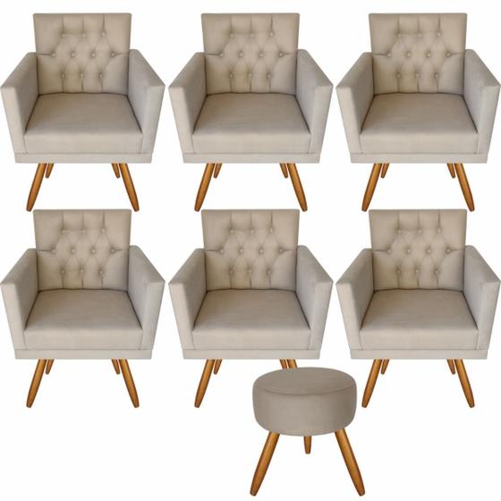 Imagem de Kit 6 Poltronas Decorativas Larah Capitonê E Puff Suede Bege