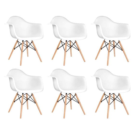Imagem de Kit 6 Poltronas Eames de Madeira com Braço Daw com Assento Branco