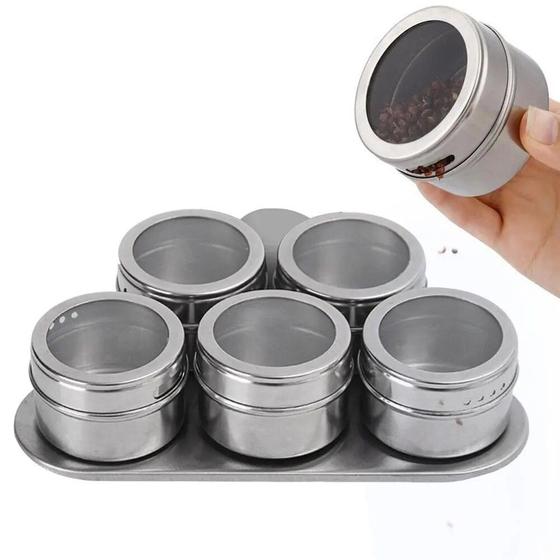 Imagem de Kit 6 Porta Condimento Tempero Inox Magnético Ima e Suporte Gourmet