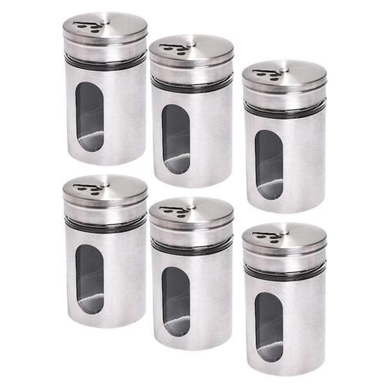 Imagem de Kit 6 Porta Condimentos Temperos Vidro Inox Com Visor Luxo