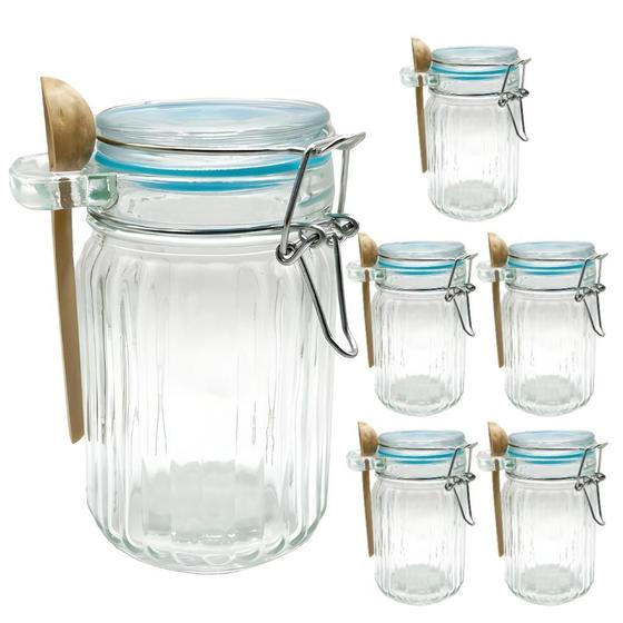 Imagem de Kit 6 Pote Hermético De Vidro Com Trava e Colher de Bambu Redondo 280ml
