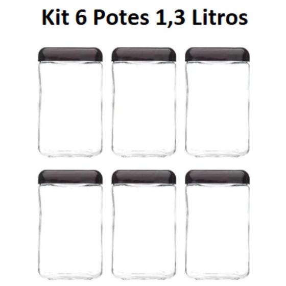 Kit 6 Potes 1,3 Litros Vidro Liso Quadrado Invicta Preto Menor preço em Kit 6 Potes 1,3 Litros Vidro Liso Quadrado Invicta Preto