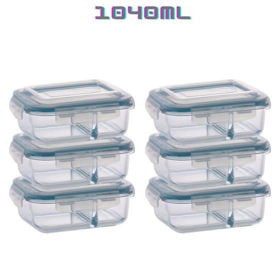 Imagem de Kit 6 Potes de Vidro com Divisória Marmita 4 Travas 1040ml