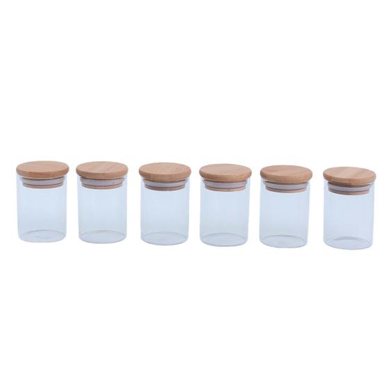 Imagem de Kit 6 potes de vidro herméticos com tampa de bambu 110ml - Oikos