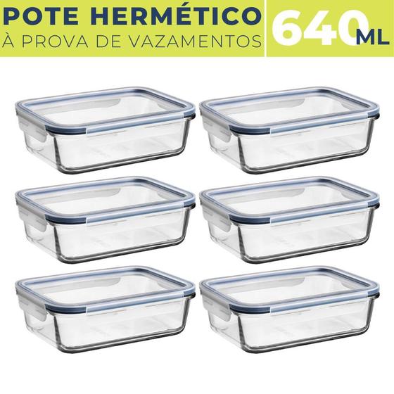 Imagem de Kit 6 Potes de Vidro Retangular 640ml c/ Tampa Hermética BPA