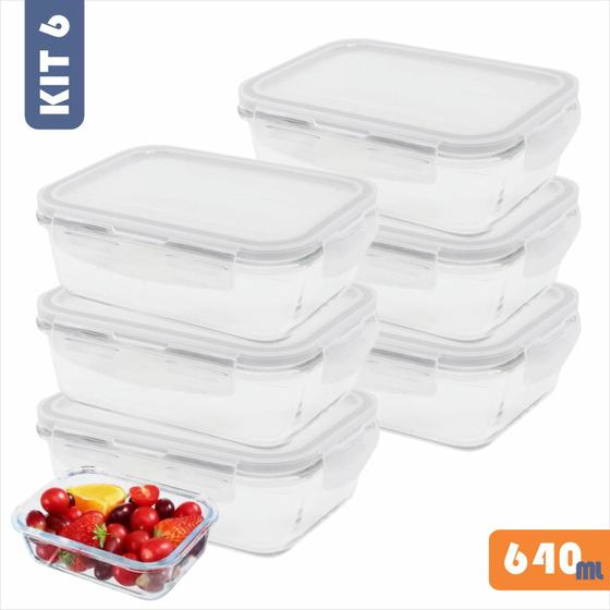 Imagem de KIT 6 Potes de Vidro Retangular com Tampa Hermética 640ml com trava