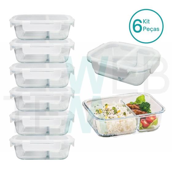 Imagem de Kit 6 Potes Hermético Marmita de Vidro Retangular Com Divisória 700ml Com Tampa BPA Free: Cozinha Organizada, Sustentabilidade e Alimentos Frescos