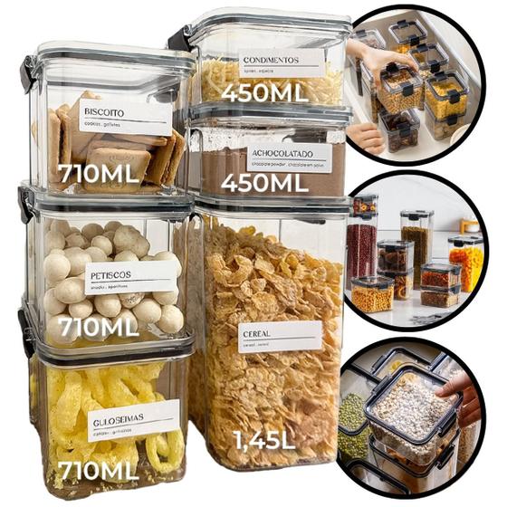 Imagem de Kit 6 Potes Herméticos 1,45L  3 POTES 710ml 2 POTES 450ml Com Trava Reforçada