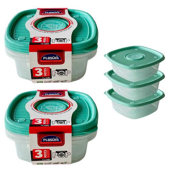 Imagem de Kit 6 potes plástico 1Litro alimentos frutas salada grãos vasilha marmita comida microondas Plasútil