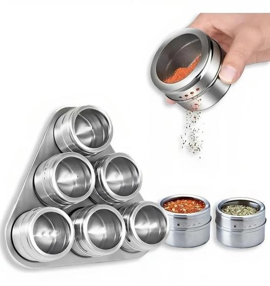 Imagem de Kit 6 Potes Porta Temperos Condimentos Magnético Com Imã Inox Com Tampa Transparente + Suporte Inclinado
