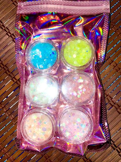 Imagem de Kit 6 Potinhos de Glitters Fino Encapsulados Coloridos para Decoração de Unhas Gel Natural Acrigel