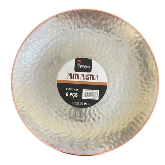 Imagem de Kit 6 Pratos Acrílico Transparente Redondo Borda Rosê 25cm