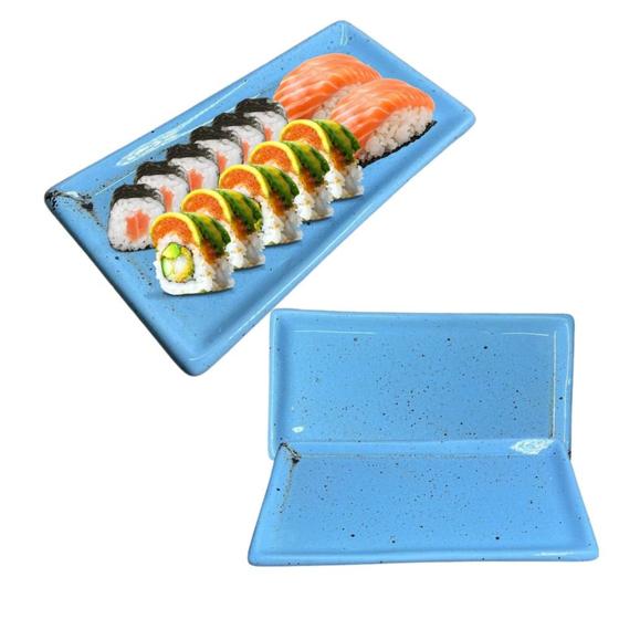 Imagem de Kit 6 Pratos Servir Sushi Porcelana Retangular 22x11cm Azul