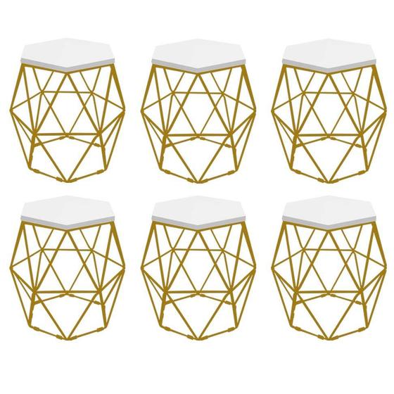 Imagem de Kit 6 Puff Banqueta Luna Decorativo Sala Quarto Ferro Dourado Assento MDF Branco - Ahazzo Móveis