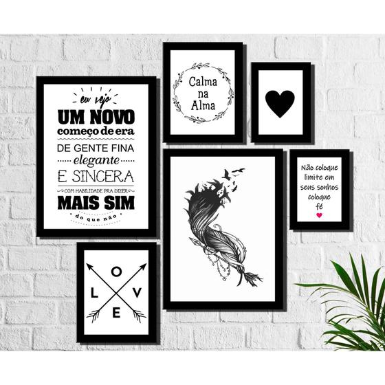 Kit 6 Quadros Decorativos Pena e Frases Preto e Branco Menor preço em Kit 6 Quadros Decorativos Pena e Frases Preto e Branco