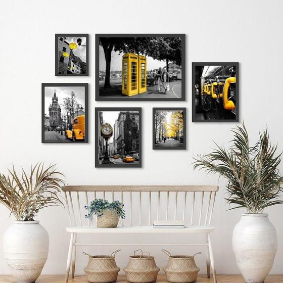 Imagem de Kit 6 Quadros Fotos Cidades Amarelo 18x24cm 24x33cm 33x45cm