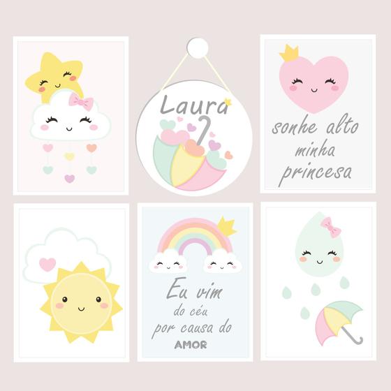 Imagem de Kit 6 quadros Quarto Infantil Chuva de Amor, Nuvem Com Porta Maternidade