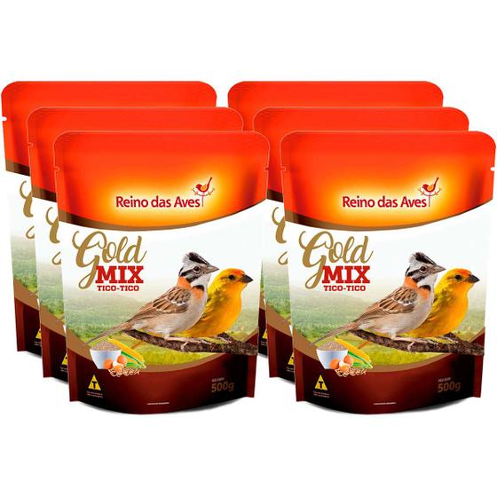 Imagem de Kit 6 Ração Gold Mix Canário Tico Inseto Alimentar Pássaro Livre Solto Natureza Quintal Quirela 500g