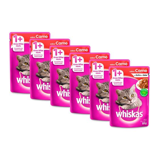 Imagem de Kit 6 Ração para Gatos Whiskas Adulto 1+ Anos Sachê Sabor Carne ao Molho 85g