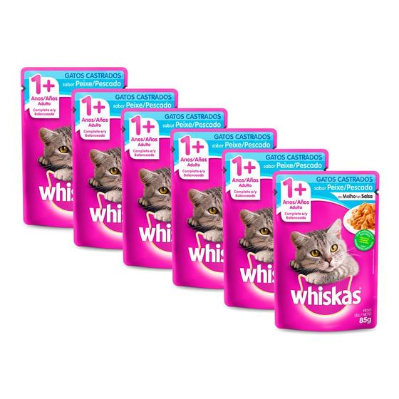 Imagem de Kit 6 Ração para Gatos Whiskas para Gatos Castrados sabor Peixe 85g