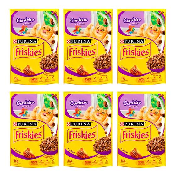 Imagem de Kit 6 Ração Úmida para Gatos Friskies Adultos Sabor Cordeiro ao Molho em Sachê 85g