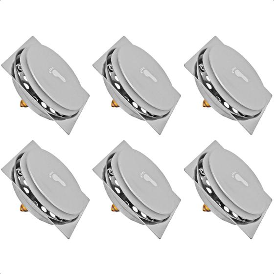 Imagem de Kit 6 Ralo Click Inteligente Quadrado 10x10 Aço Inox Veda Cheiro Odores e Insetos Grelha Chão