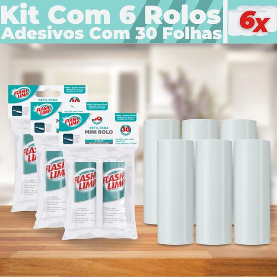 Imagem de Kit 6 Refil Mini Rolo Tira Pelos Adesivo Flash Limp 30 Folhas