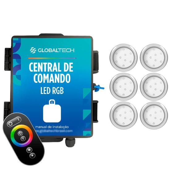 Imagem de Kit 6 Refletor LED Piscina RGB 9W Inox + Central Touch