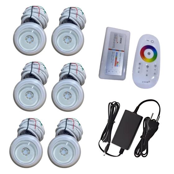 Imagem de Kit 6 Refletor Led RGB Piscina 6w Veico Com Controle e Fonte