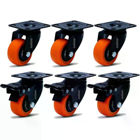 Imagem de Kit 6 Rodízio Linha Black Placa 50mm 3 Com Freio 3 Sem Freio 300kg Laranja - Colson