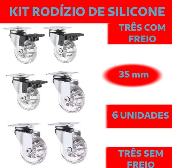 Imagem de Kit 6 rodízios  35mm de silicone  para móveis três com freio e três sem freio.