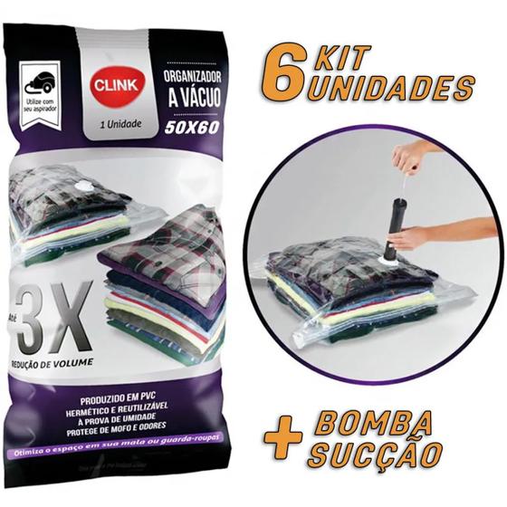 Imagem de Kit 6 Sacos Organizador a Vácuo 50x60 + Bomba Para Guardar Edredom Jogo de Lençol Roupas Clink