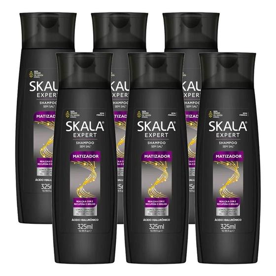 Imagem de Kit 6 Shampoo Matizador Loiros ou Grisalhos Brilho Ácido Hialurônico 325ml Skala
