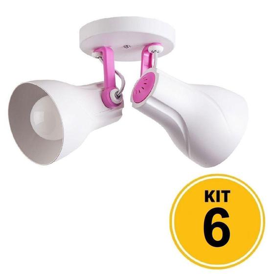 Imagem de Kit 6 Spot de Sobrepor Direcionável Duplo Octa Plus 2xE27 - Branco/Rosa